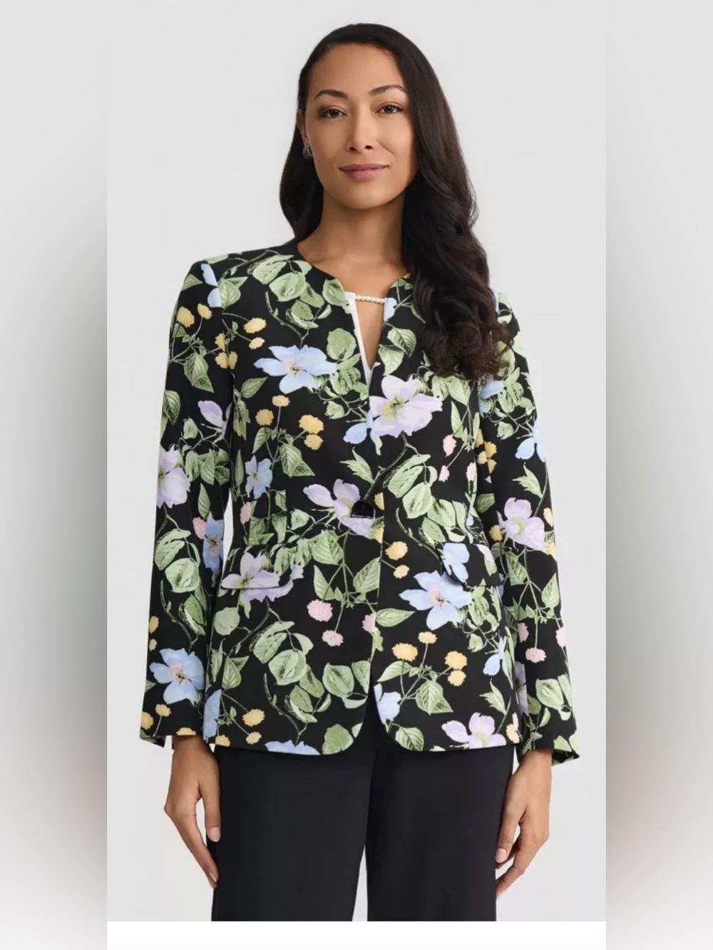 Kasper Black Floral-Print Blazer with Pastel Blooms